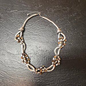 VTG Brutalist Necklace Abalone&Metal Disks Interlocking Metal Chain Industrial